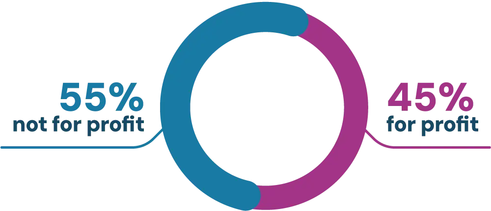 pie chart that shows "55% not for profit" and "45% for profit"