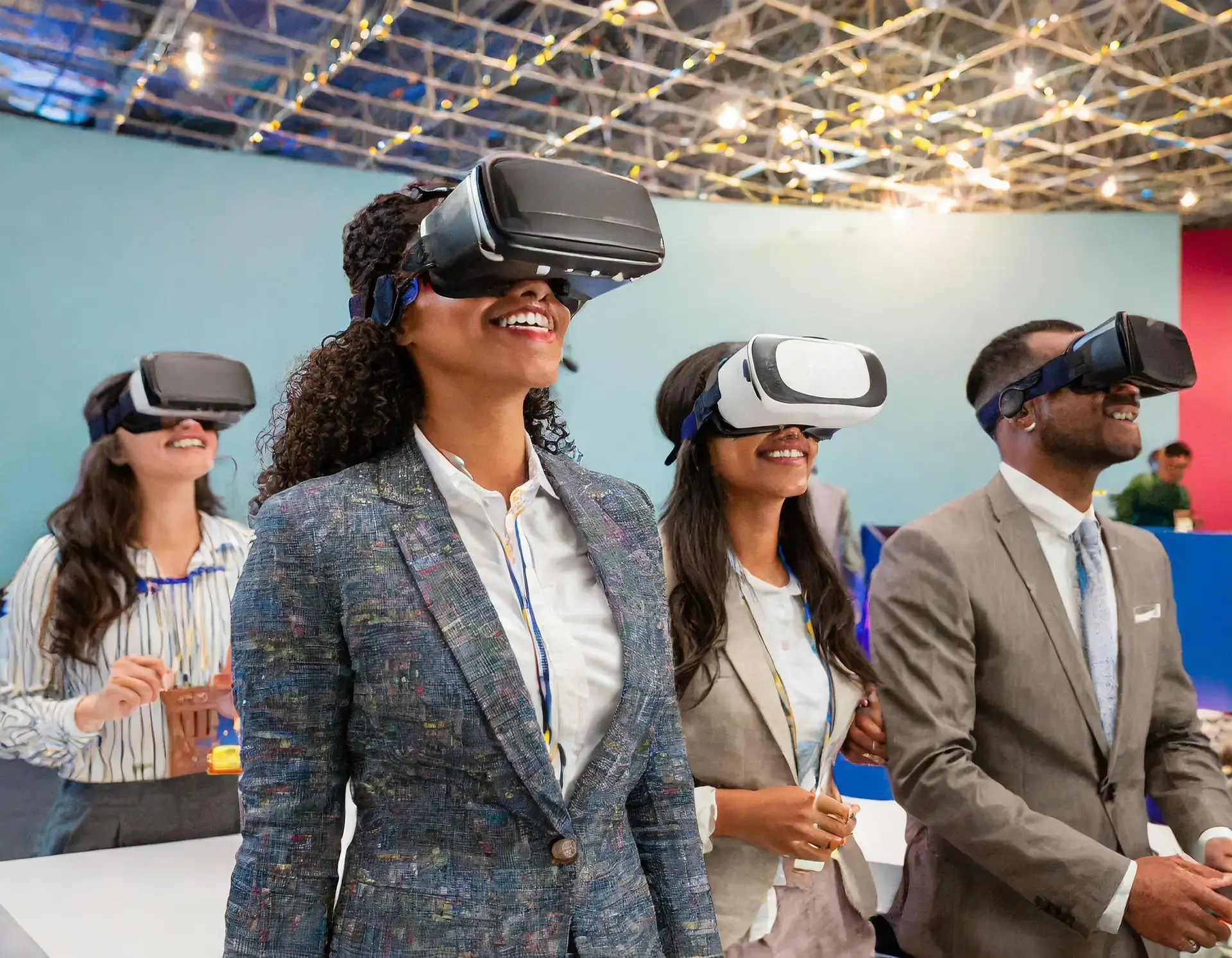 convention attendees looking through virtual reality goggles