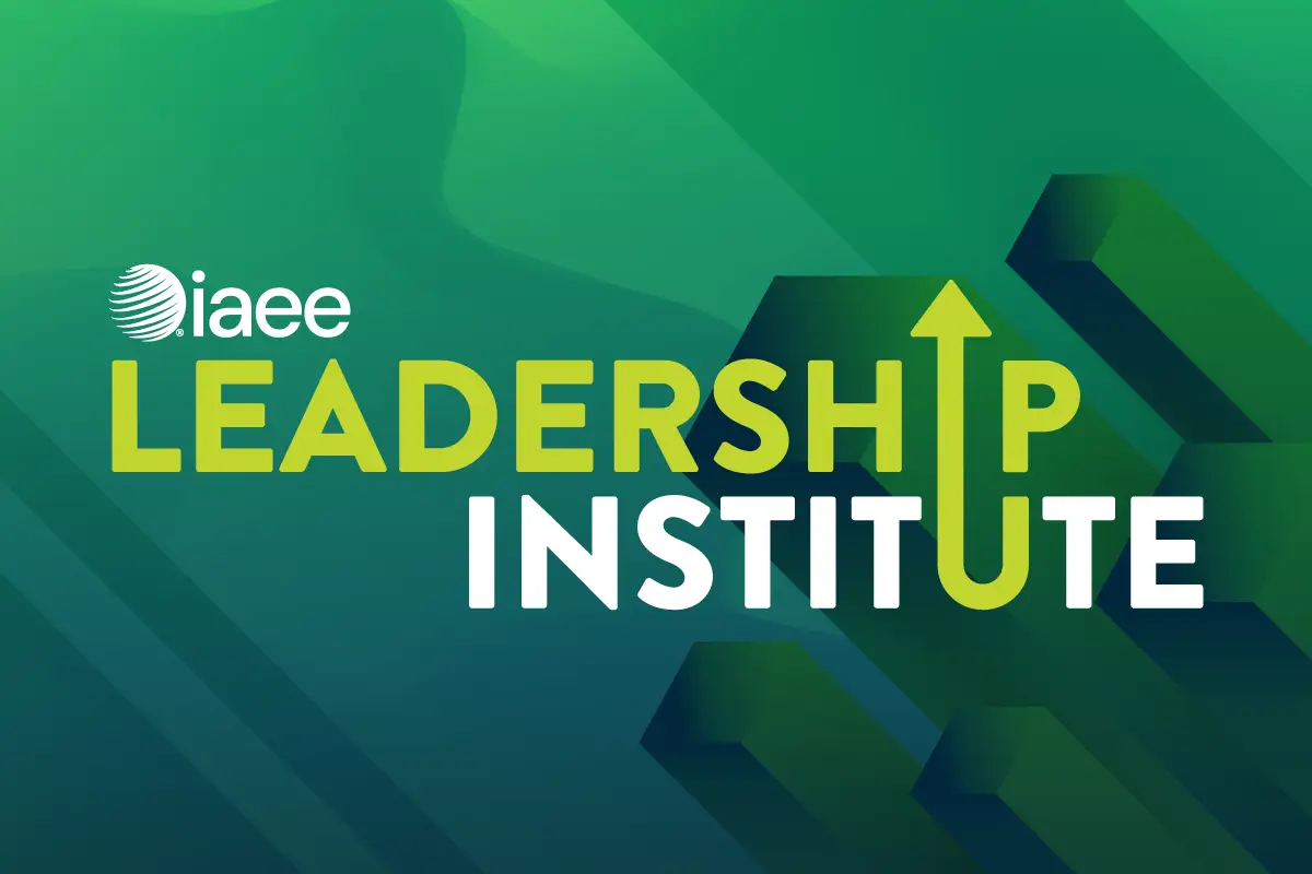 IAEE Leadership Institute logo with abstract illustration background in shades of green and blue