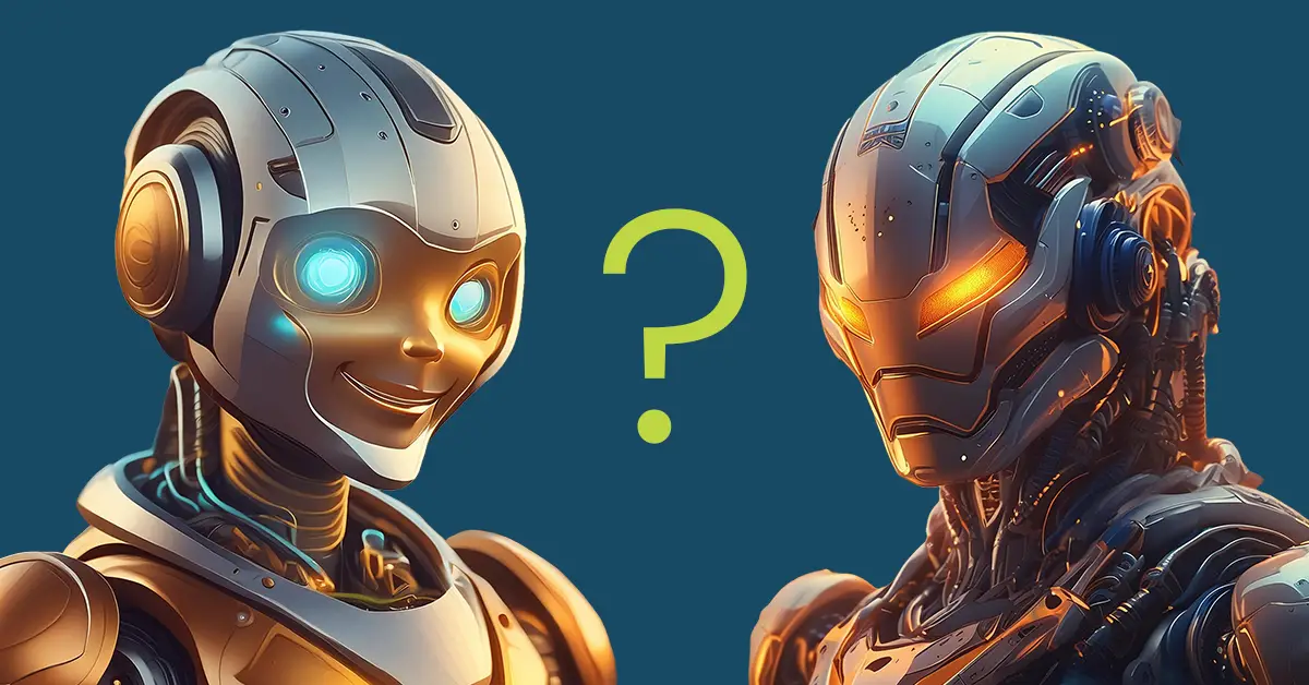 friendly AI robot facing off with unfriendly AI robot