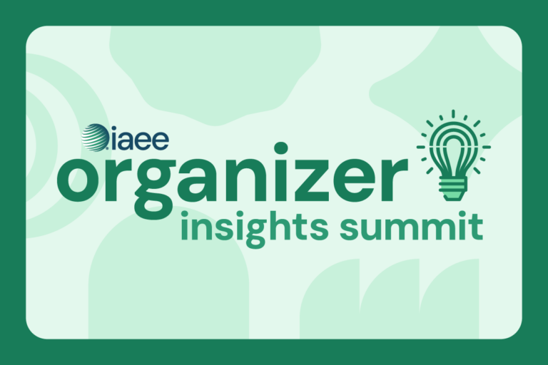 IAEE Organizer Insights Summit logo with abstract shapes in the background in shades of green