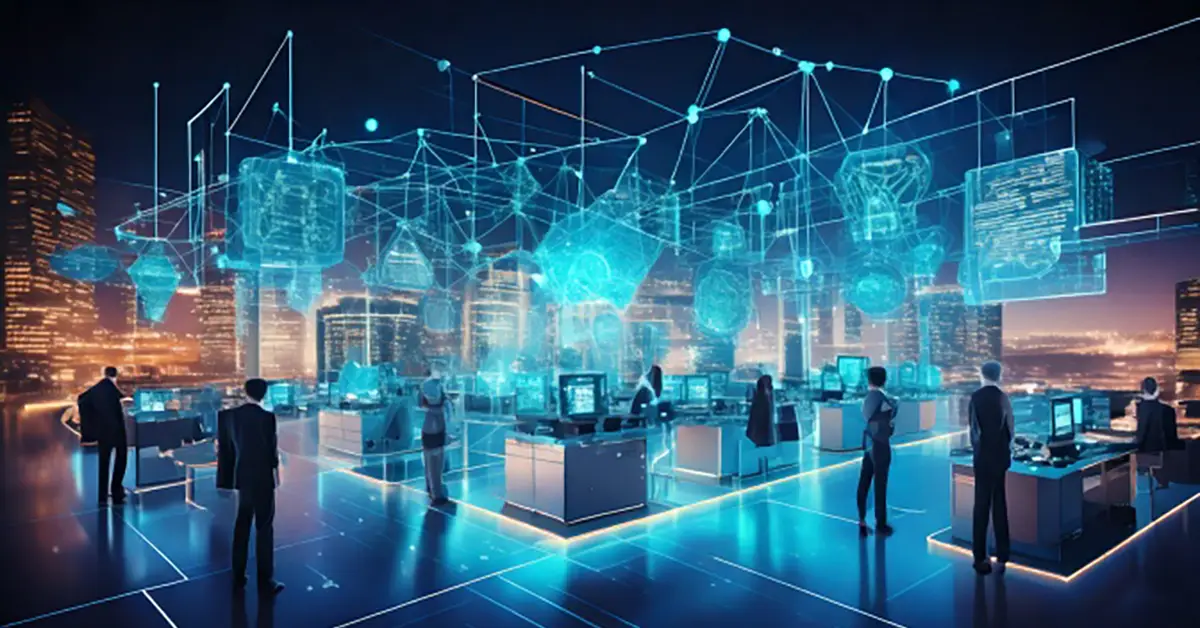 A group of people in a futuristic room with booths, computers and lights