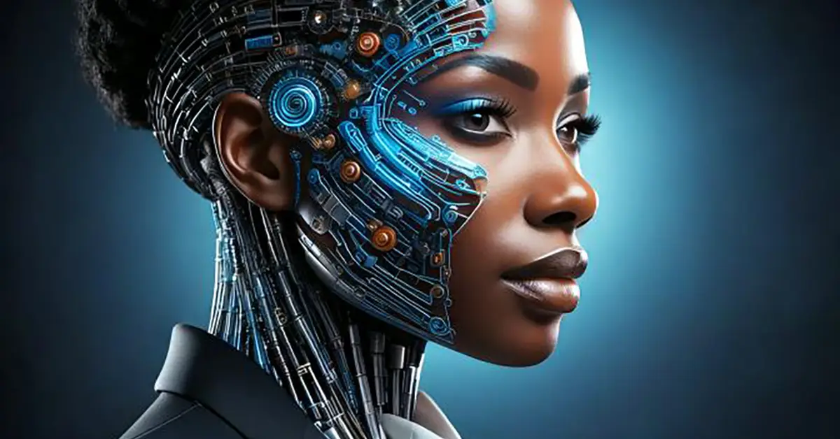 Woman's face that is half human and half robot