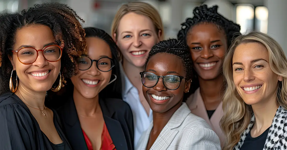 Interracial group of powerful independent executive women in the office