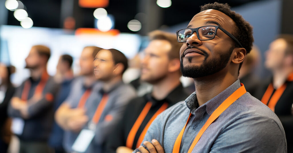 Engaged salesperson at trade show