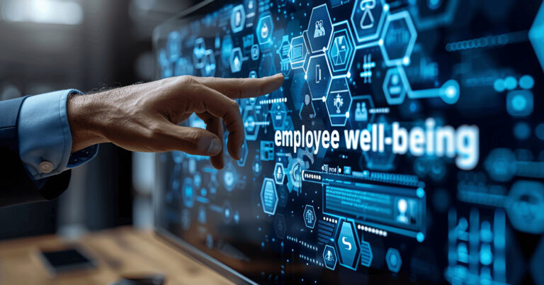 executive leader pressing button on digital interface labeled employee well-being