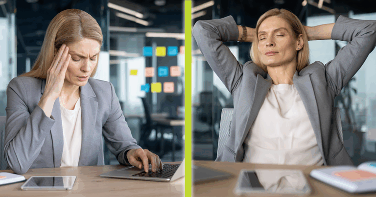 Businesswoman transitioning from being stressed at her desk to a relaxed state
