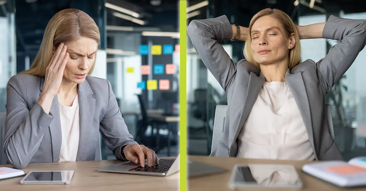 Businesswoman transitioning from being stressed at her desk to a relaxed state
