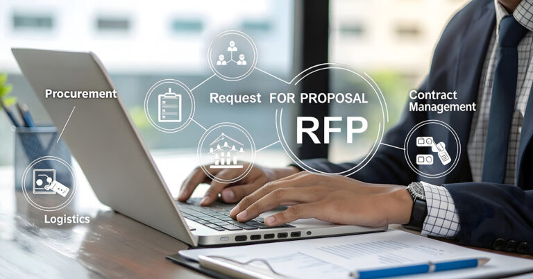 Businessman working on laptop with icon representing Request for Proposal (RFP) process, including procurement, bidding, contract management, and logistics