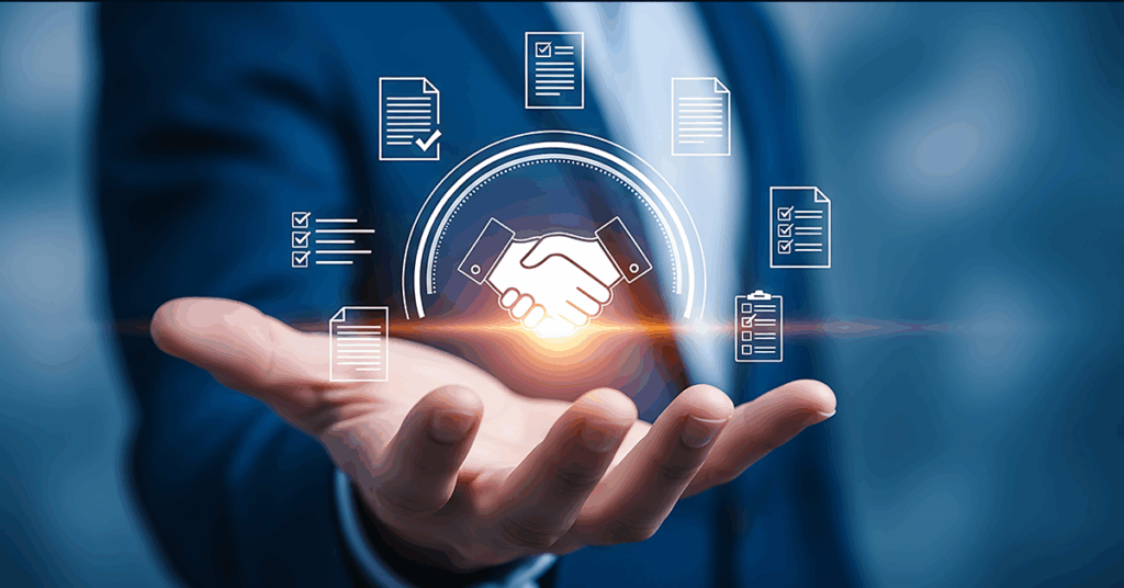 Expert Seals The Deal With A Handshake And Digital Documents, Symbolizing Trust And Agreement In Modern Business Partnerships