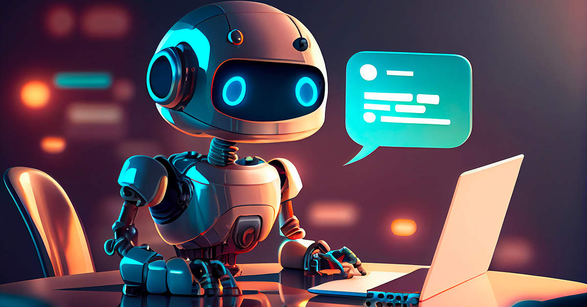 Cute Robot working with laptop and speech bubble in dark room. Generative AI