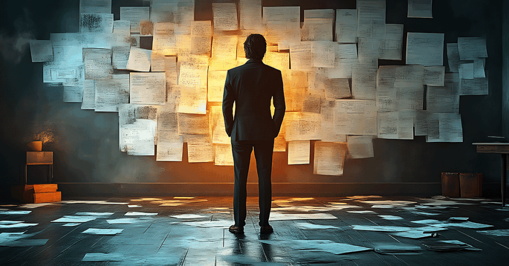 Man in suit contemplates wall of papers