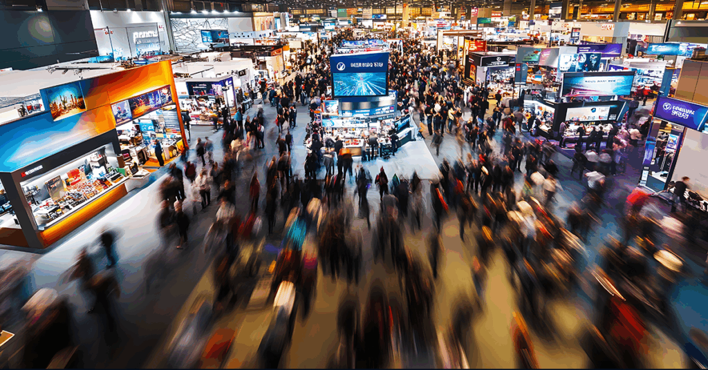 Large, crowded trade show floor bustling with activity
