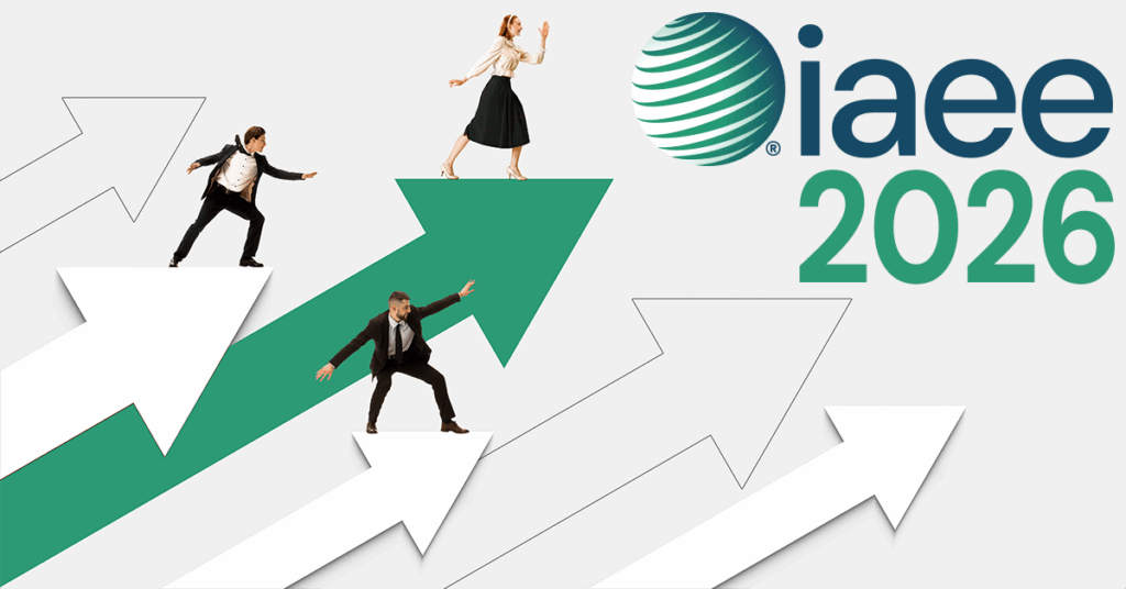 professionals surfing arrows moving upward toward iaee logo and 2026