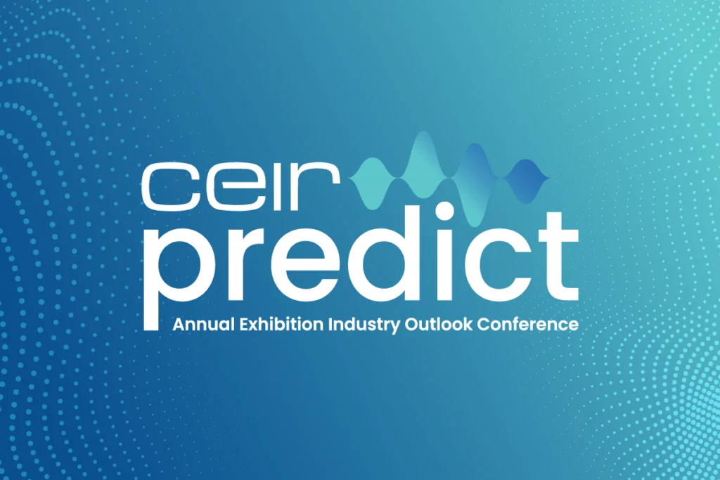 CEIR Predict logo with gradient blue and aqua background and abstract dotted wave illustrations