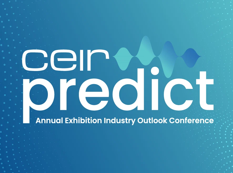 CEIR Predict logo with gradient blue and aqua background and abstract dotted wave illustrations