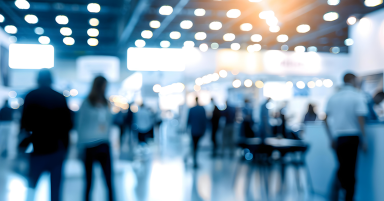 Blurred silhouettes at a trade show industrial business expo background. Concept Trade Show, Industrial Business, Blurred Silhouettes, Expo Background