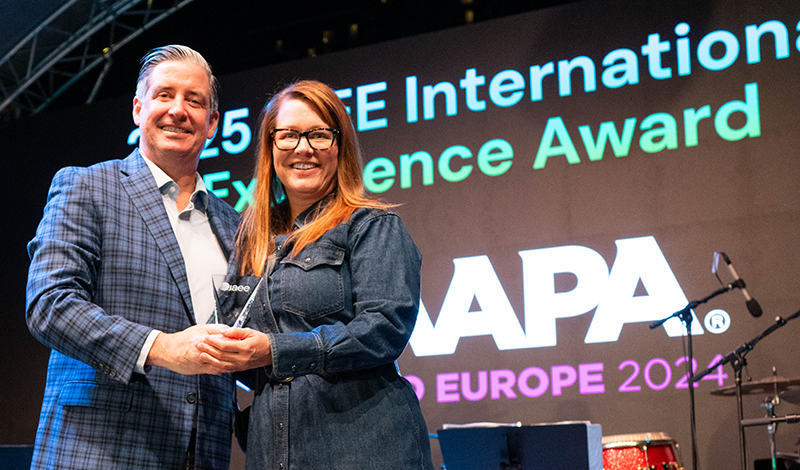 IAEE Awards Committee Immediate Past Chairperson Bob O’Connell presents the IAEE International Excellence Award to IAAPA Vice President of Expo Operations and Sales Christy Spahn at the ceremony held during Expo! Expo! IAEE’s Annual Meeting & Exhibition 2025 in Houston, TX.
