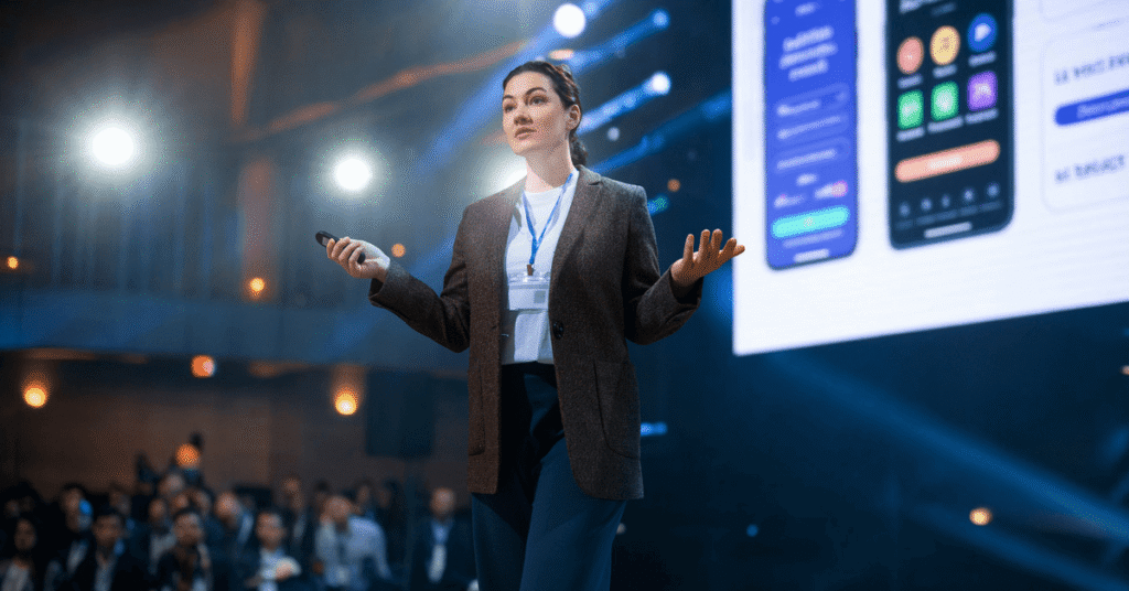 woman on stage presenting at a conference