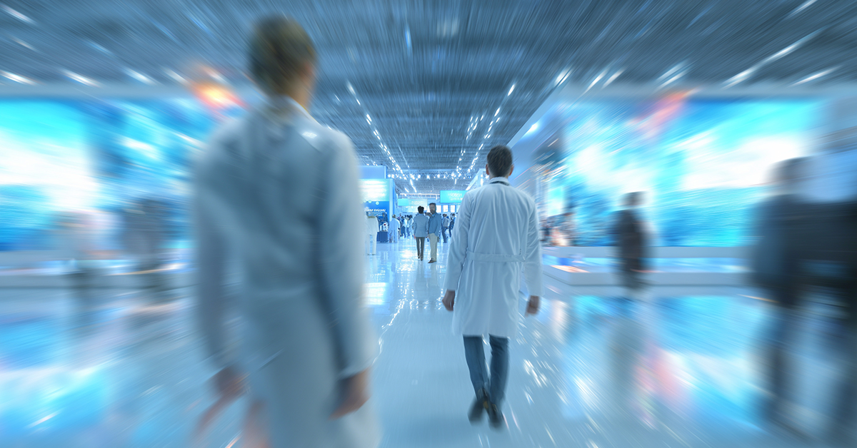 Dynamic View of Medical Personnel Moving Quickly in a Futuristic Setting