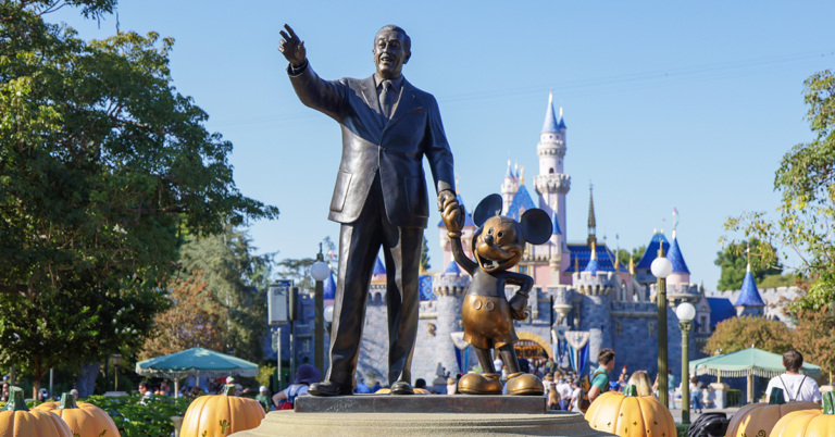 Statue of Walt Disney and Mickey Mouse located in Disneyland, California
