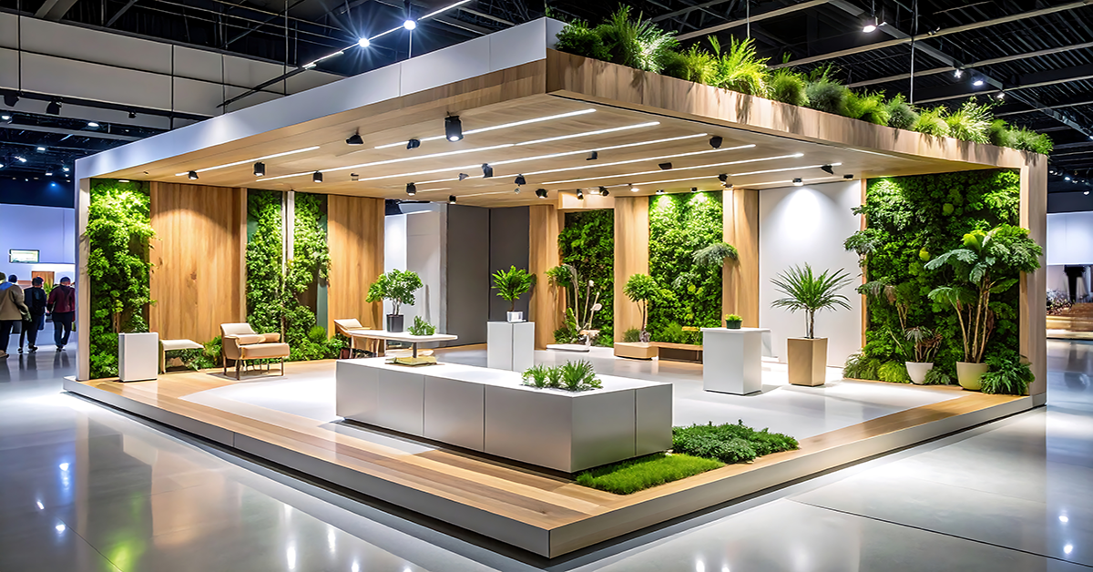 Modern trade show exhibit featuring wood accents and verdant greenery; pristine, bright, and inviting space