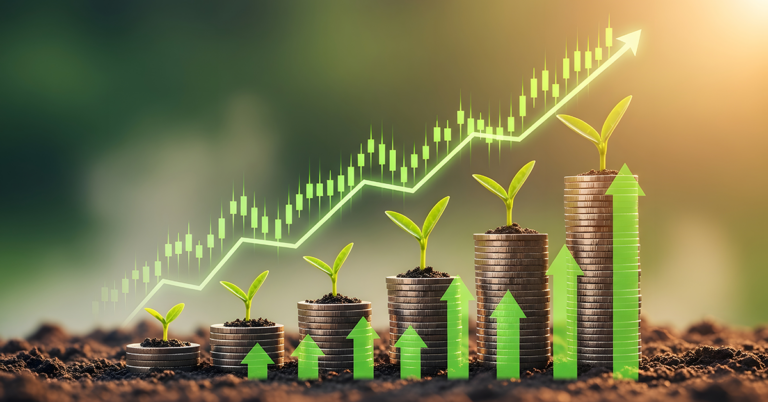 Stacked coins with growing seedlings and an illuminated candlestick chart showing an upward trend. Financial investment and sustainable business growth.
