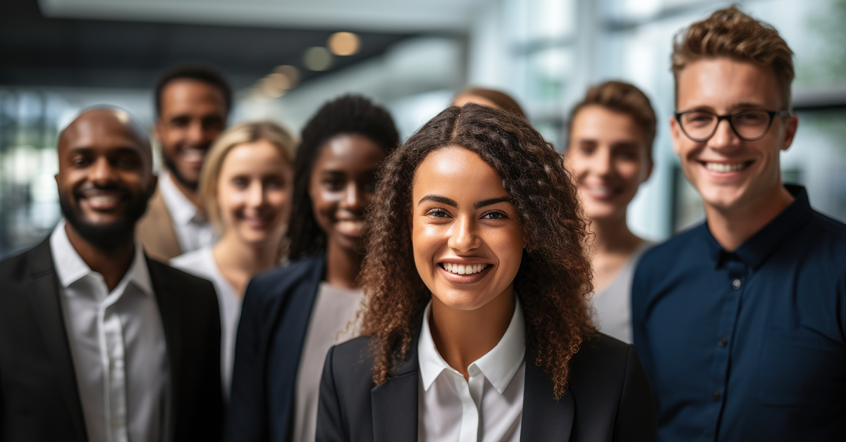 Happy diverse business team standing together in office International young professional smiling corporate employee with senior leaders looking at camera