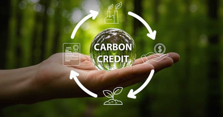 Carbon credit concept with a hand holding a crystal ball showing the cycle of CO2 emissions offsetting for ESG and a sustainable economy.