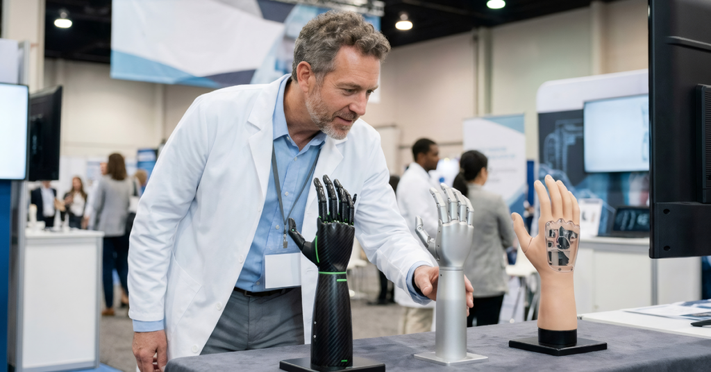 Man engineer inspecting artificial robotic hand at a medical technology exhibition. Bionic limb prototype for advanced prosthetic research. Innovative healthcare and science equipment.