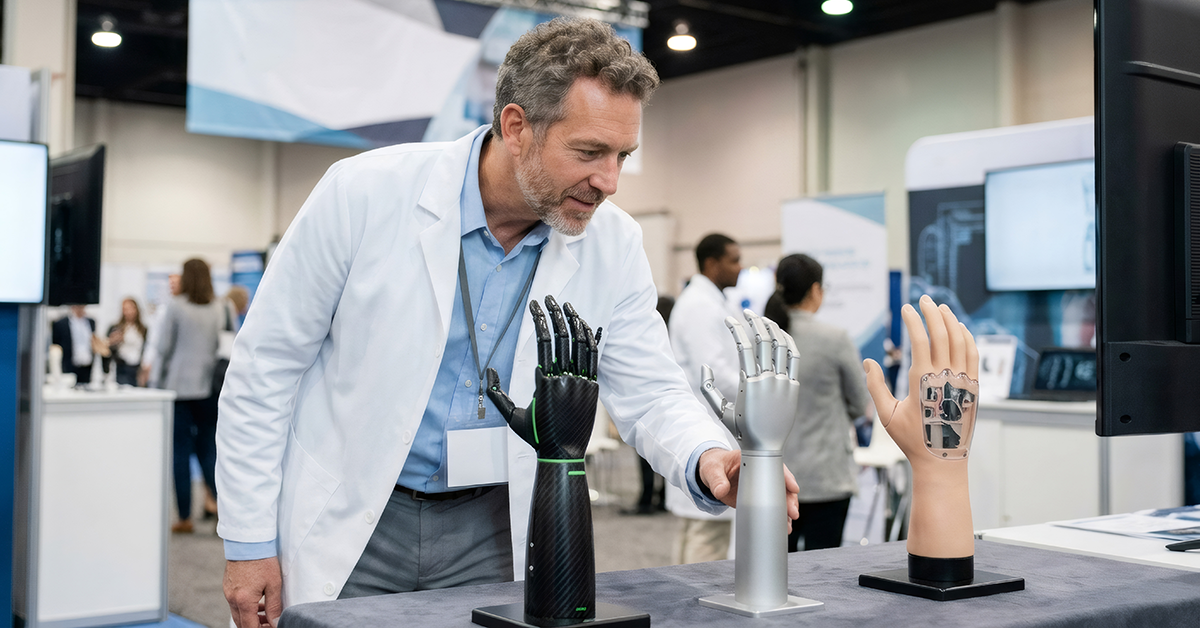 Man engineer inspecting artificial robotic hand at a medical technology exhibition. Bionic limb prototype for advanced prosthetic research. Innovative healthcare and science equipment.