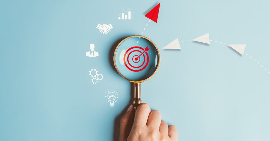 Paper plane employee to Magnifying glass focus to target business for success. Lift and business creativity new idea to discovery innovation technology.