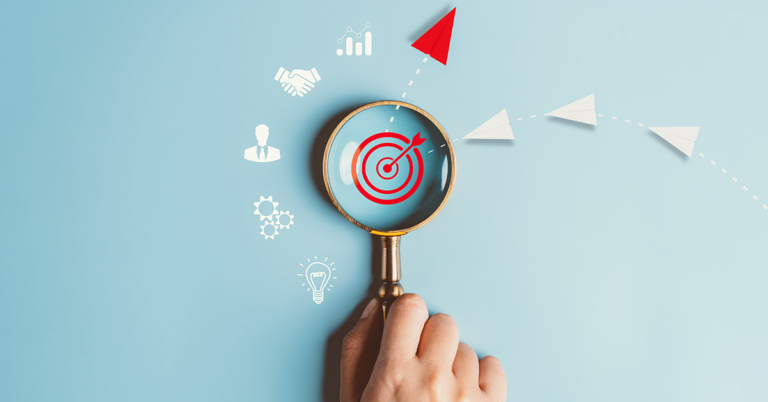 Paper plane employee to Magnifying glass focus to target business for success. Lift and business creativity new idea to discovery innovation technology.