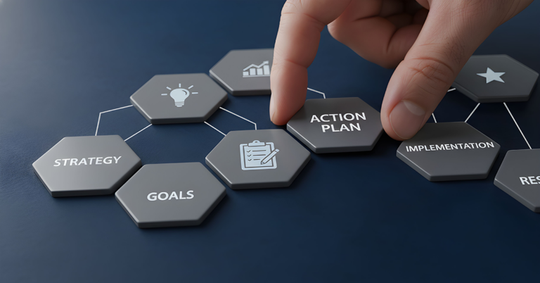 A hand places an "ACTION PLAN" tile into a strategic business planning network, illustrating goal setting and implementation.