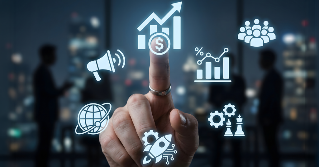 Digital marketing strategy and business growth analytics visualized with futuristic interface and icons