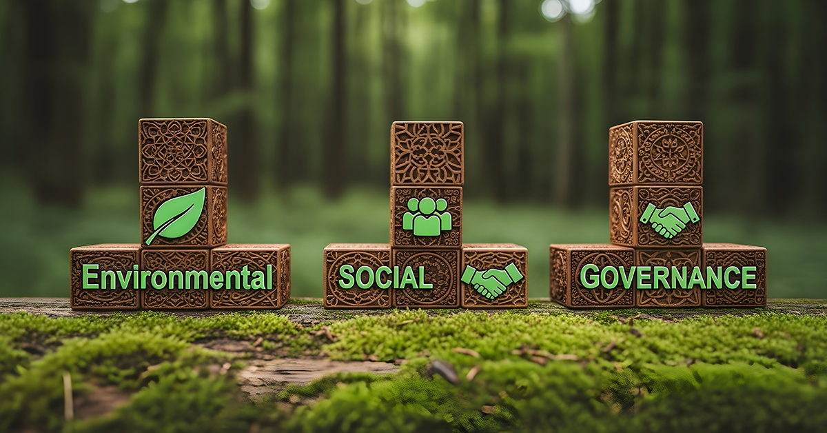 ESG blocks symbolize sustainability, corporate responsibility, and ethical business practices.