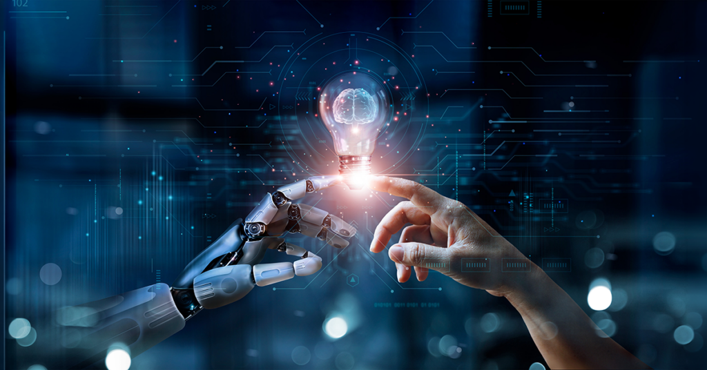 AI, Machine learning, Hands of robot and human touch on big data network, Brain data creative in light bulb, Science and artificial intelligence technology, innovation for futuristic.