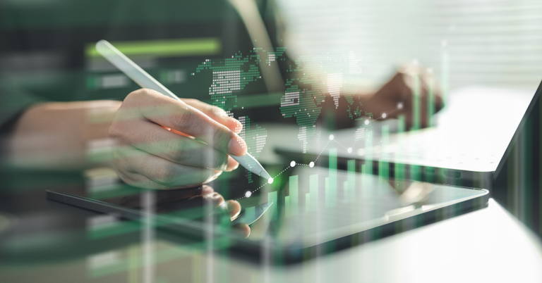 esg, sustainability, energy, renewable, eco, environment, A hand uses a digital pen on a tablet with glowing ESG charts, symbolizing sustainability analysis and green investment.
