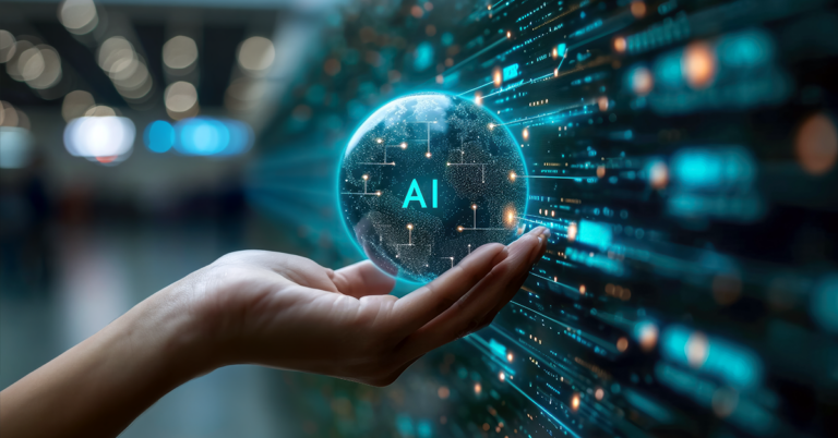 Hand holding crystal ball that connects reality to virtual metaverse and future digital technology