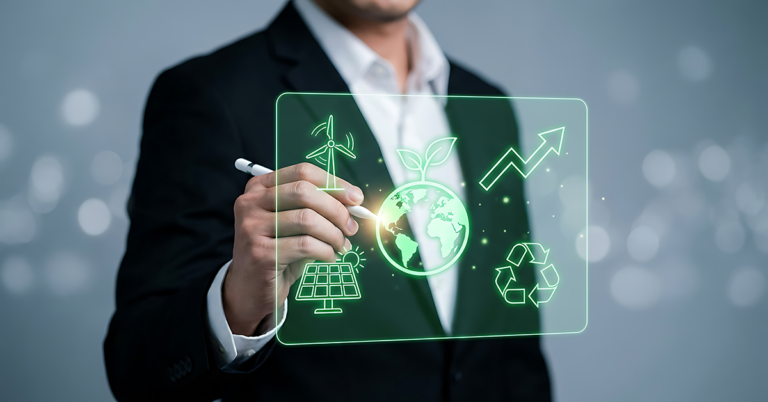 Businessman interacting with green energy and environmental icons representing sustainability, climate action and renewable power solutions.
