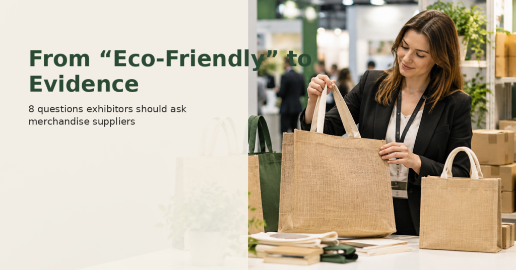 female exhibitor at a trade show examines jute giveaway bag