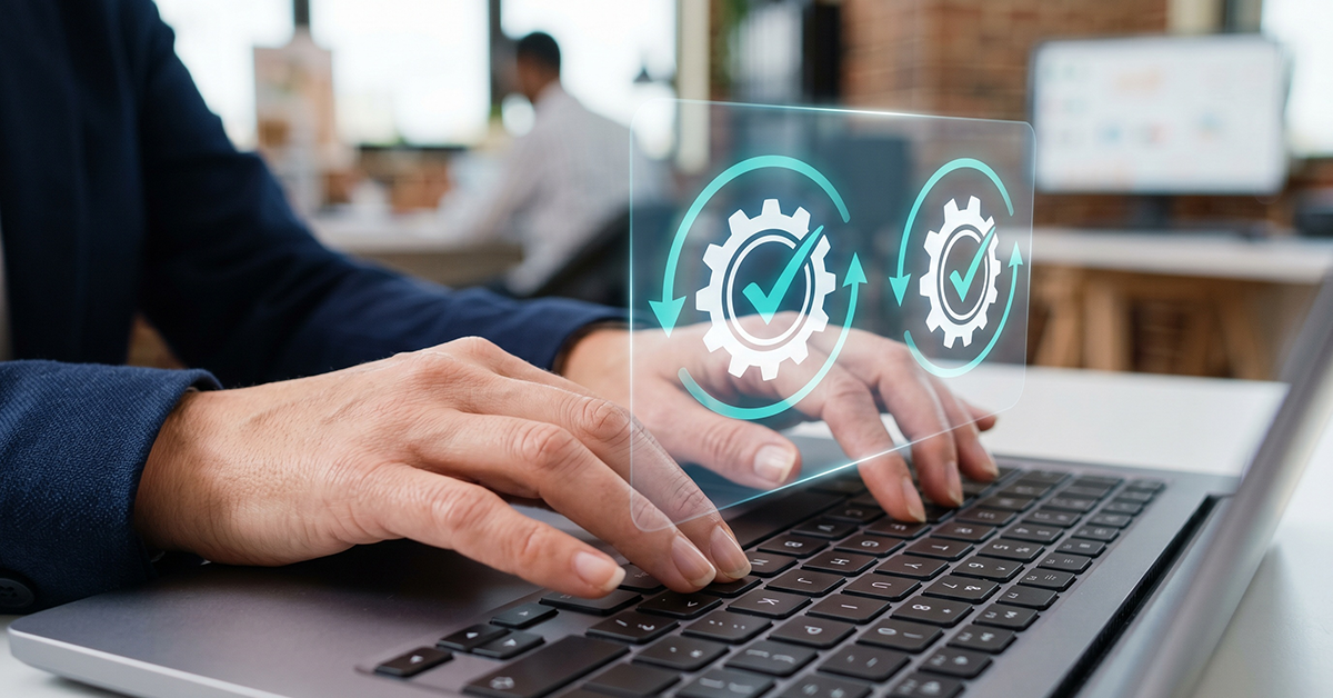 Quality control automation concept with hands typing on laptop, digital checkmark gears for software testing workflow